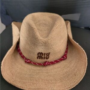 Miu Miu Woven Straw Hat Leather Strap Chic Summer